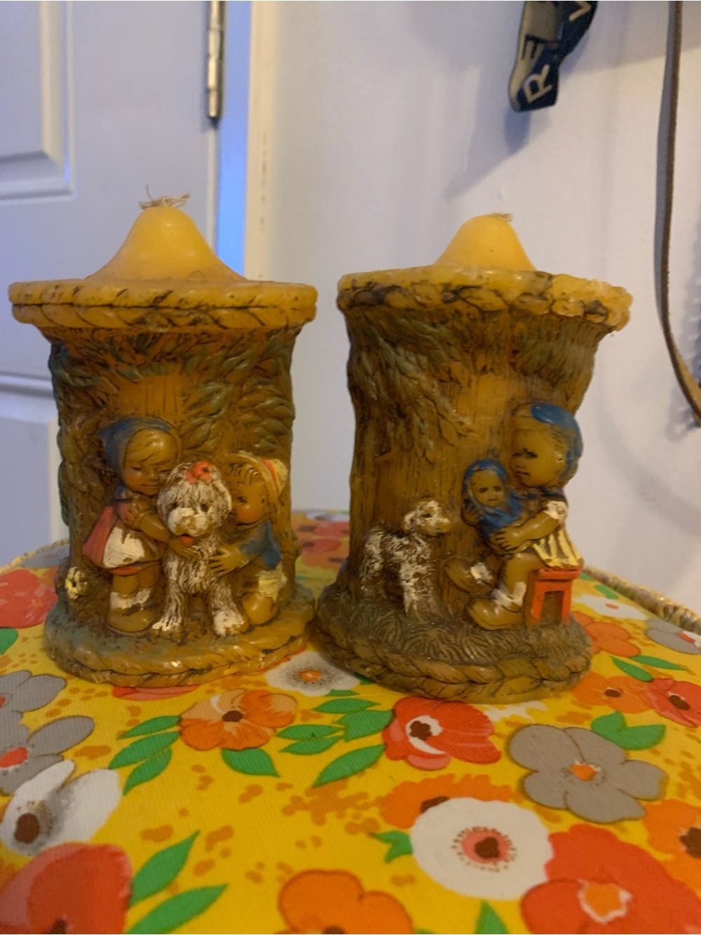 2 Alpine Originals Pillar Candles 1978 Kids Dog Doll Lamb Hand Painted Hong Kong